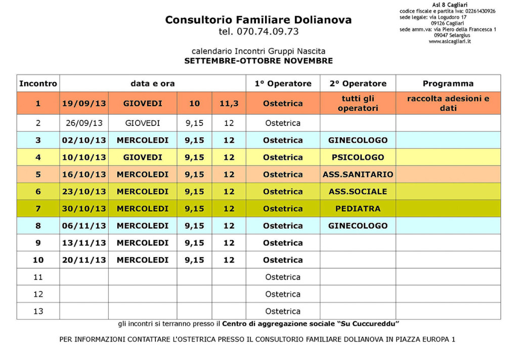 Calendario Incontri Gruppi Nascita - Settemnre, Ottobre, novembre 2013 - Dolianova