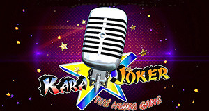 grafica di un microfono con la scritta stilizzata kara Joker, su sfondo stellato viola e nero