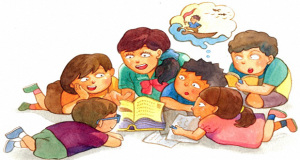 Illustrazine di bambini che leggono da un libro
