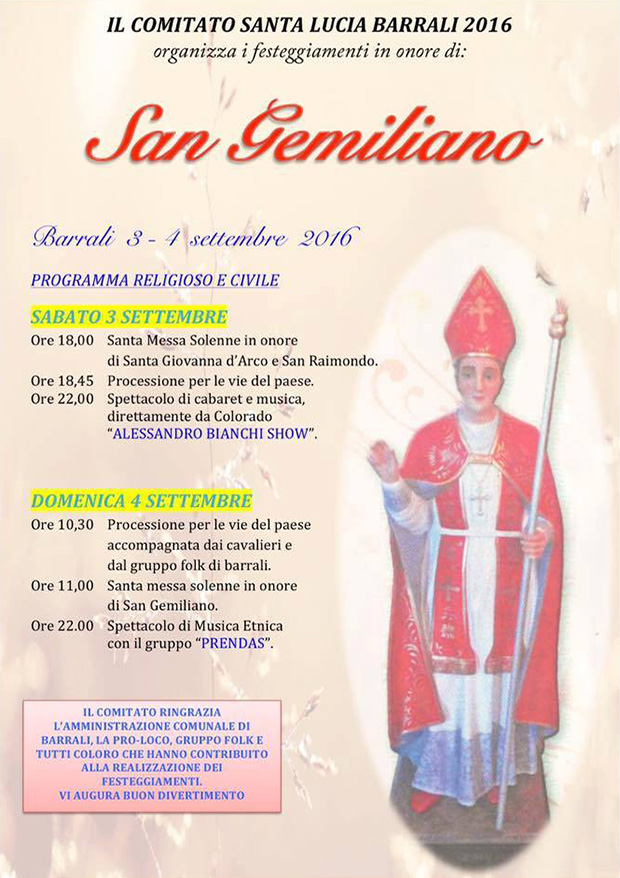 Festeggiamenti in onore di San Gemiliano 2016 - Barrali, Chiesa Santa Lucia - Sabato 3 e Domenica 4 Settembre 2016 - ParteollaClick