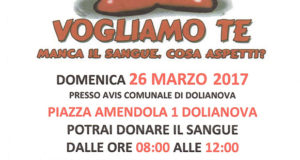 Banner Giornata della Donazione di Sangue 2017 all'Avis in Piazza Amendola - Dolianova - 26 Marzo 2017 dalle ore 8 alle ore 12