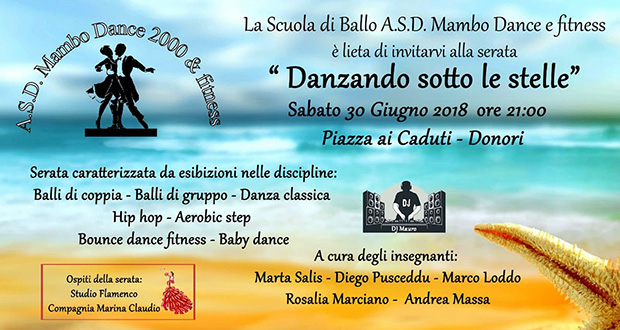 Banner Danzando Sotto le Stelle, 18° Anniversario della Scuola di Ballo Mambo Dance 2000 e Fitness - Donori - 30 Giugno 2018 - ParteollaClick