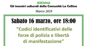 Banner Incontro dibattito Codici identificativi delle forze di polizia e libertà di manifestazione - Comunità La Collina, Serdiana - 16 Marzo 2019 - ParteollaClick