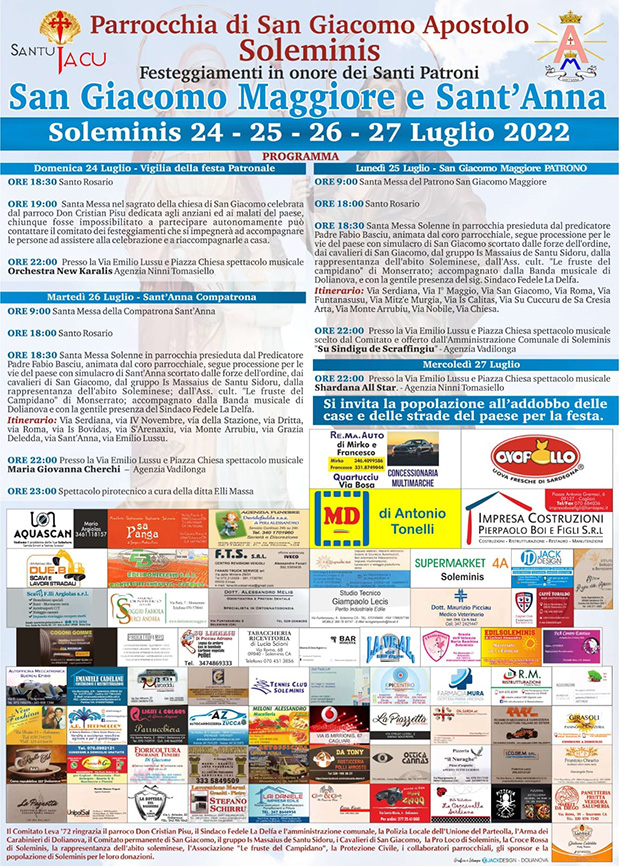 Banner Festeggiamenti in onore dei Santi Patroni San Giacomo e Sant'Anna - Soleminis - Dal 24 al 27 Luglio 2022 - ParteollaClick