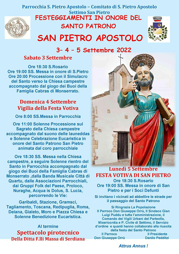 Festeggiamenti in onore del Santo Patrono San Pietro Apostolo - Settimo San Pietro - 3, 4 e 5 Settembre 2022 - ParteollaClick
