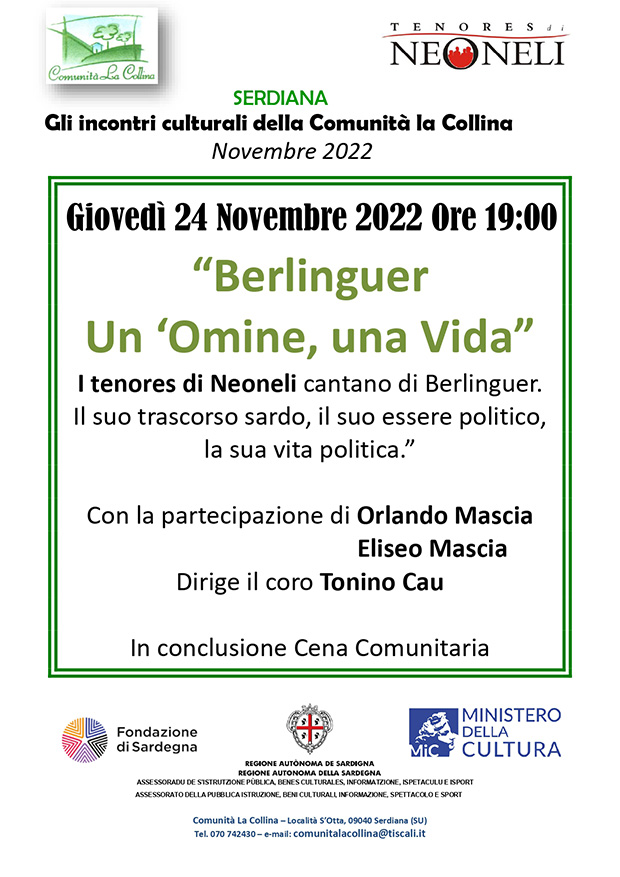 Berlinguer, un'omine, una vida, i Teneros di Neoneli cantano alla Comunià La Collina - Serdiana - 24 Novembre 2022 - ParteollaClick